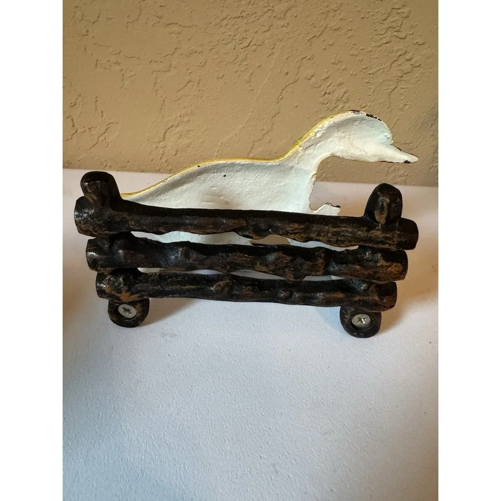 Vintage Cast Iron Yellow Duck Fence Napkin Holder Country Kitchen Letter Rack